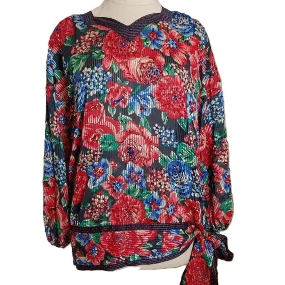 Vintage Diane Freis Beaded Bubble Top‎ Waist Sash Floral Crinkle Satin Boho